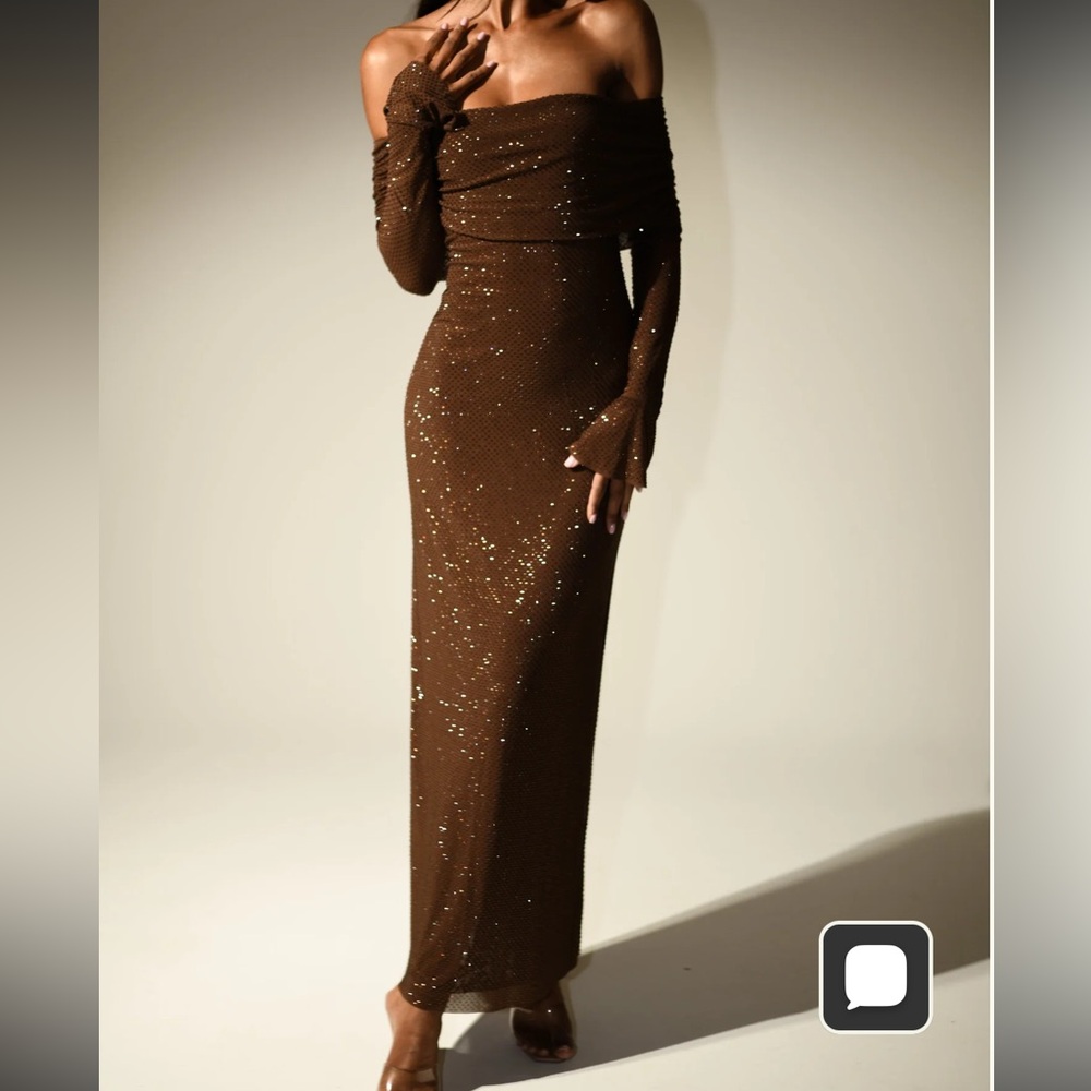 Meshki Off-Shoulder Diamanté Sparkling Brown Maxi Dress - Picture 4 of 5